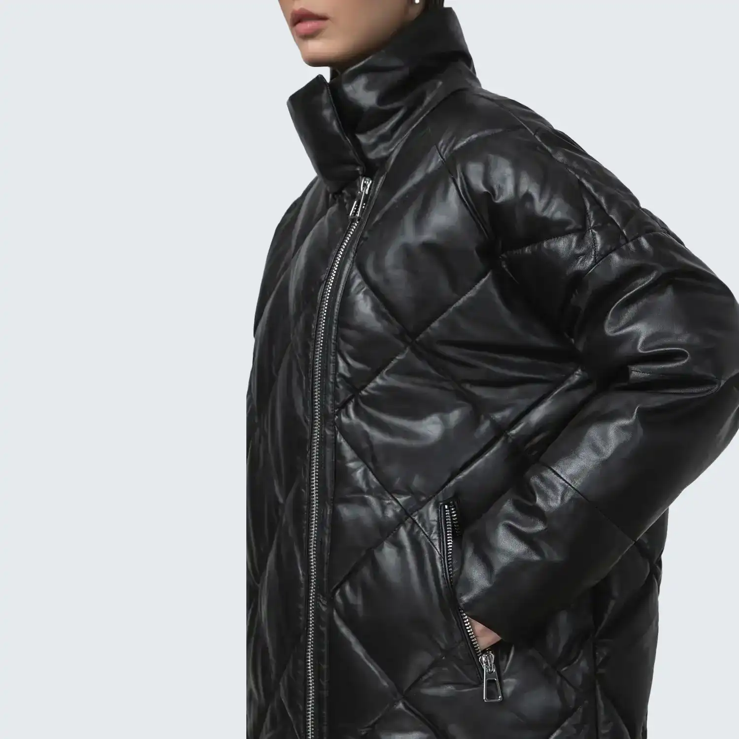 Women Diamond Quilted Black Puffer Jackets - Image 4