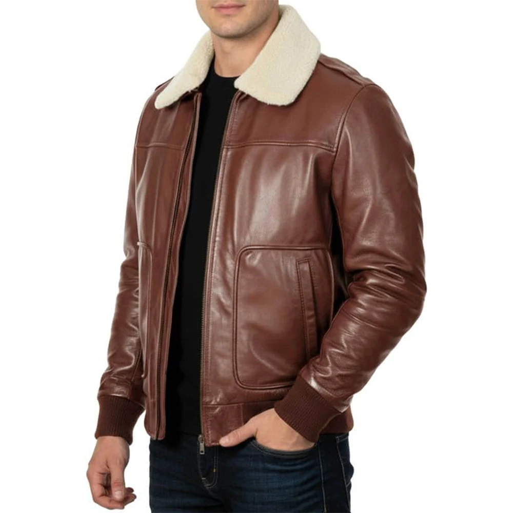 A2 Aviator Leather Jacket With Shearling Fur Collar - Image 6