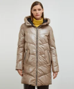 Beige Shiny Long Puffer Coat For Womens