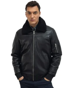 Black Bomber Jacket With Fur Collar For Mens