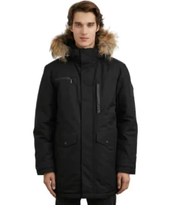 Men's Black Coat With Fur Hood