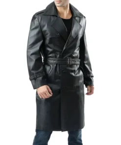 Mens Black Leather Double Breasted Trench Coat