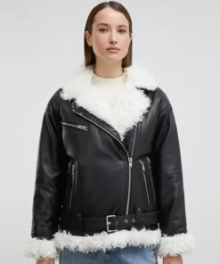 Black Leather Moto Jacket With White Faux Fur