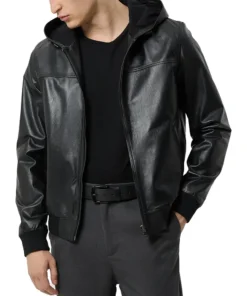Black-Hooded-Bomber-Genuine-Leather-Jacket-Front.webp