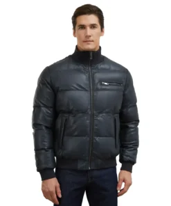 Men's Black Leather Bomber Puffer Jacket