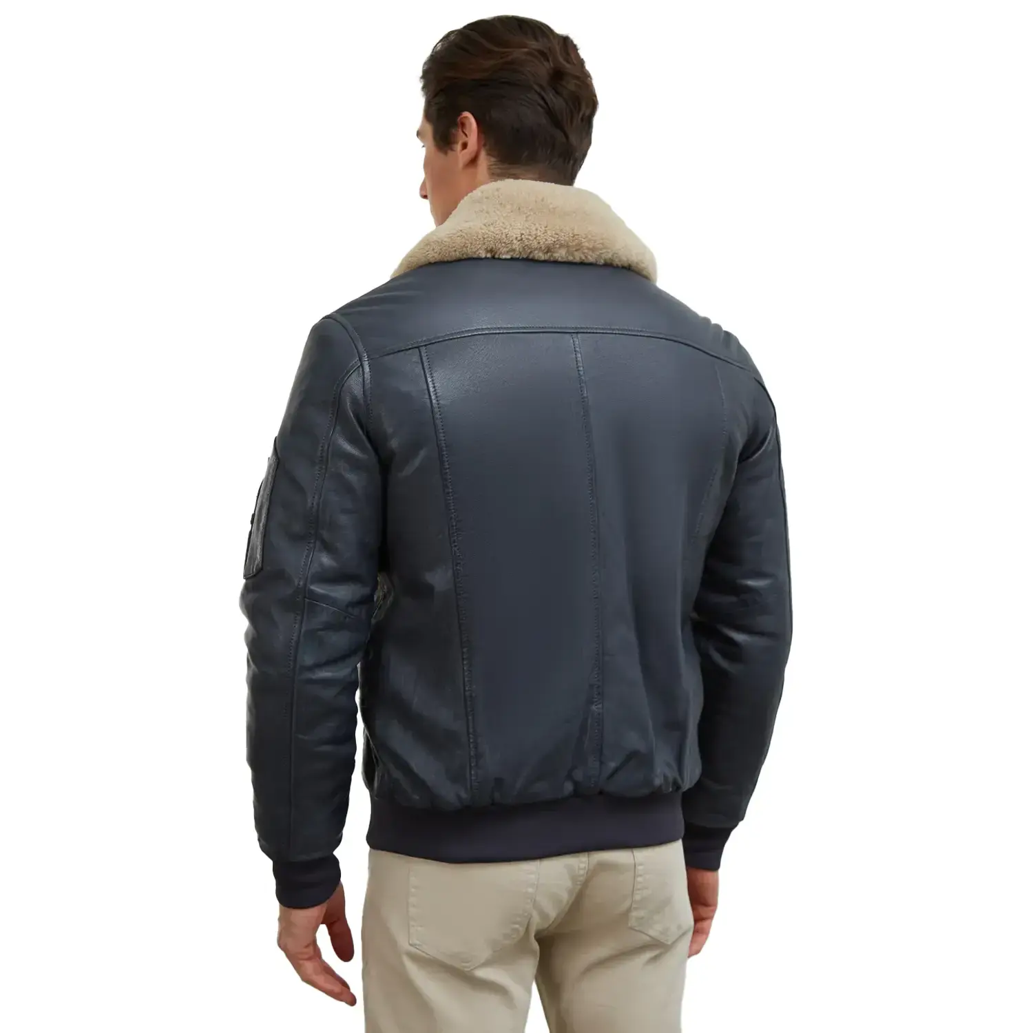 Men's Black Leather Pilot Shearling Collar Jacket - Image 2