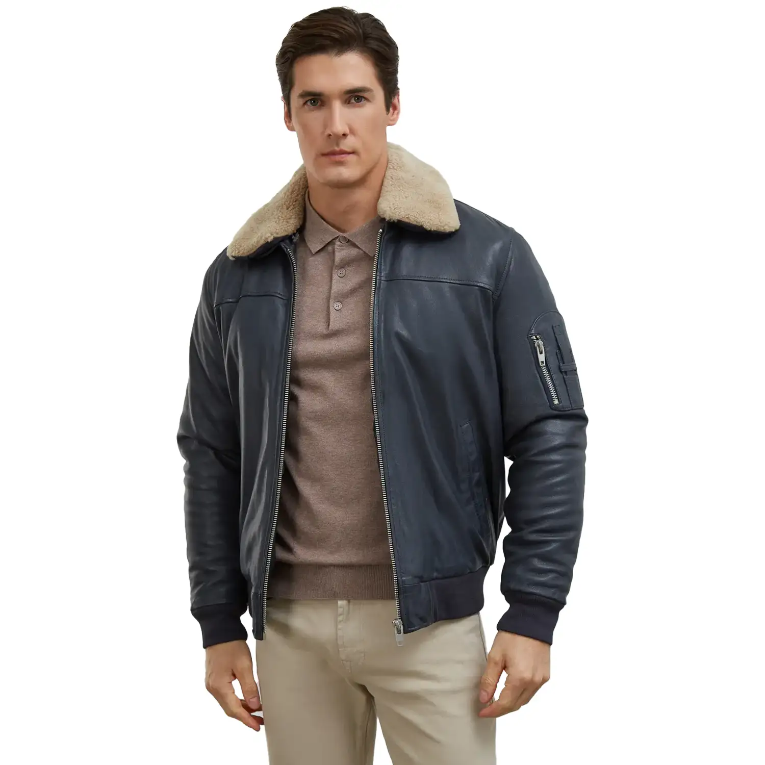 Men's Black Leather Pilot Shearling Collar Jacket - Image 4
