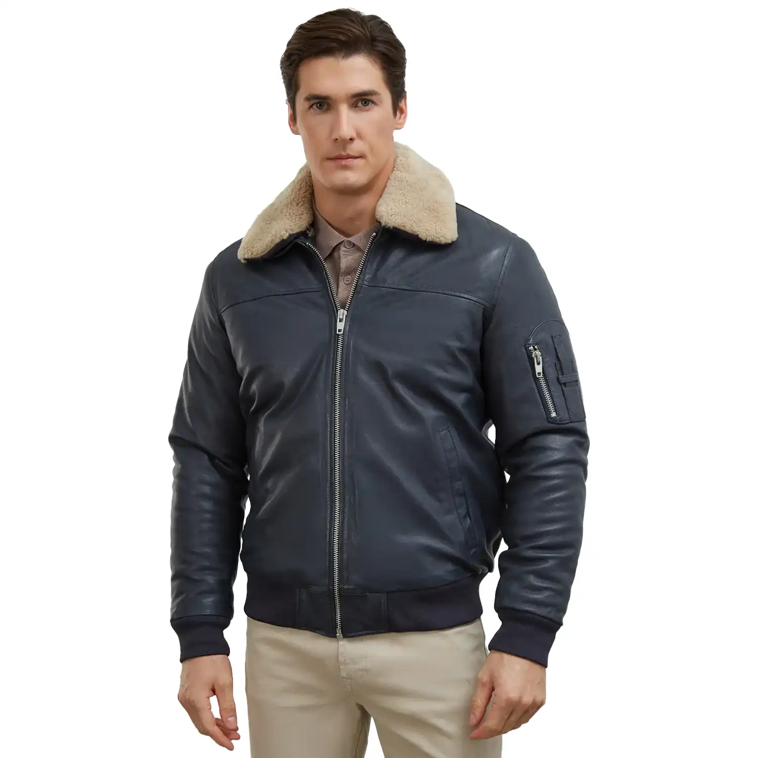 Men's Black Leather Pilot Shearling Collar Jacket