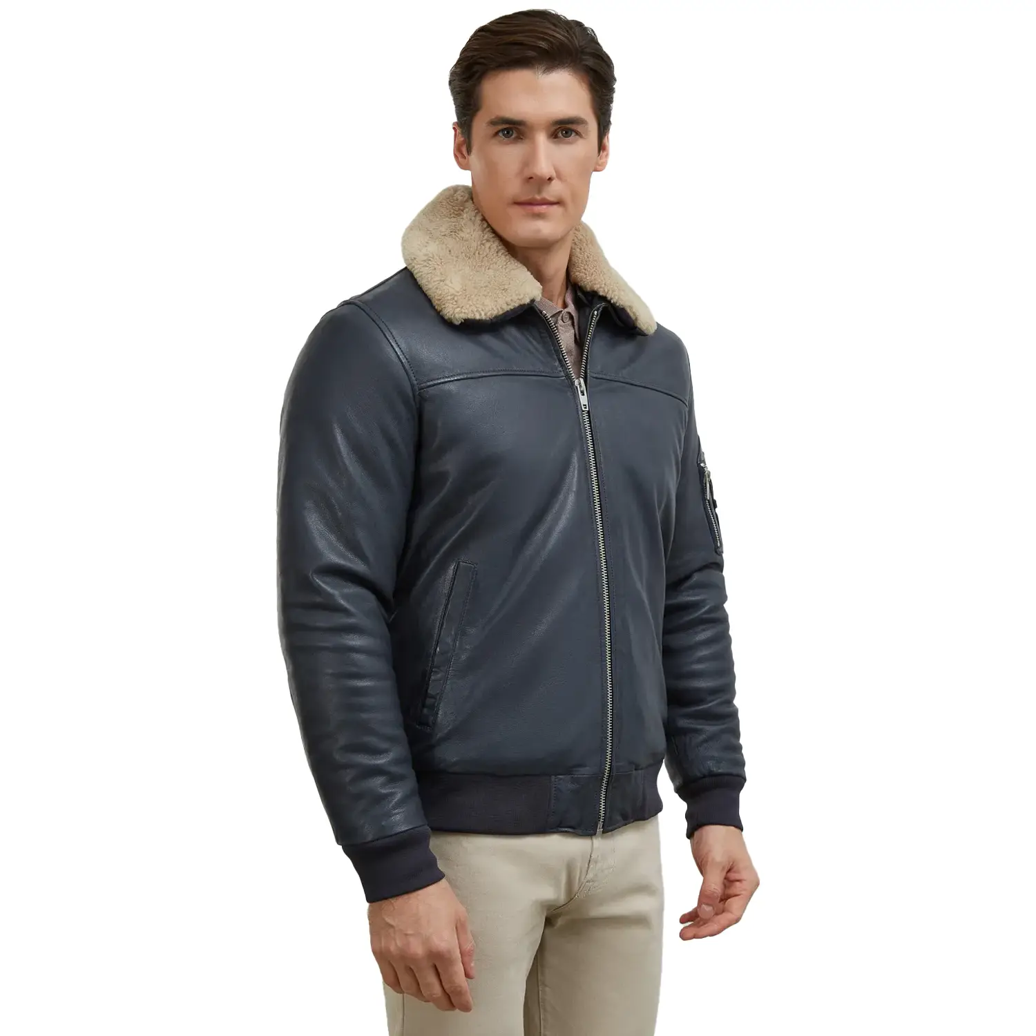 Men's Black Leather Pilot Shearling Collar Jacket - Image 3