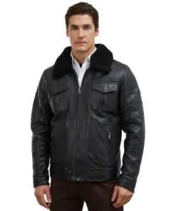 Black Leather Jacket With Fur Collar For Mens