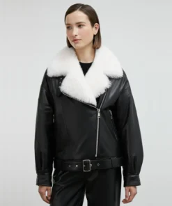 Black Biker Jacket With White Faux Fur