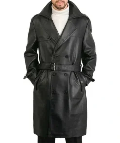 Men's Belted Double Breasted Black Leather Long Trench Coat