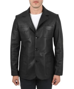 Real Lambskin Black Leather Blazer For Mens