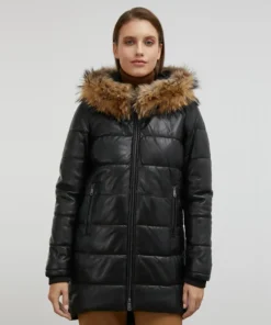 Black Puffer Coat With Brown Fur Hood