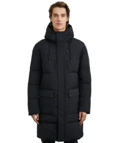 Men's Black Long Puffer Hooded Coat