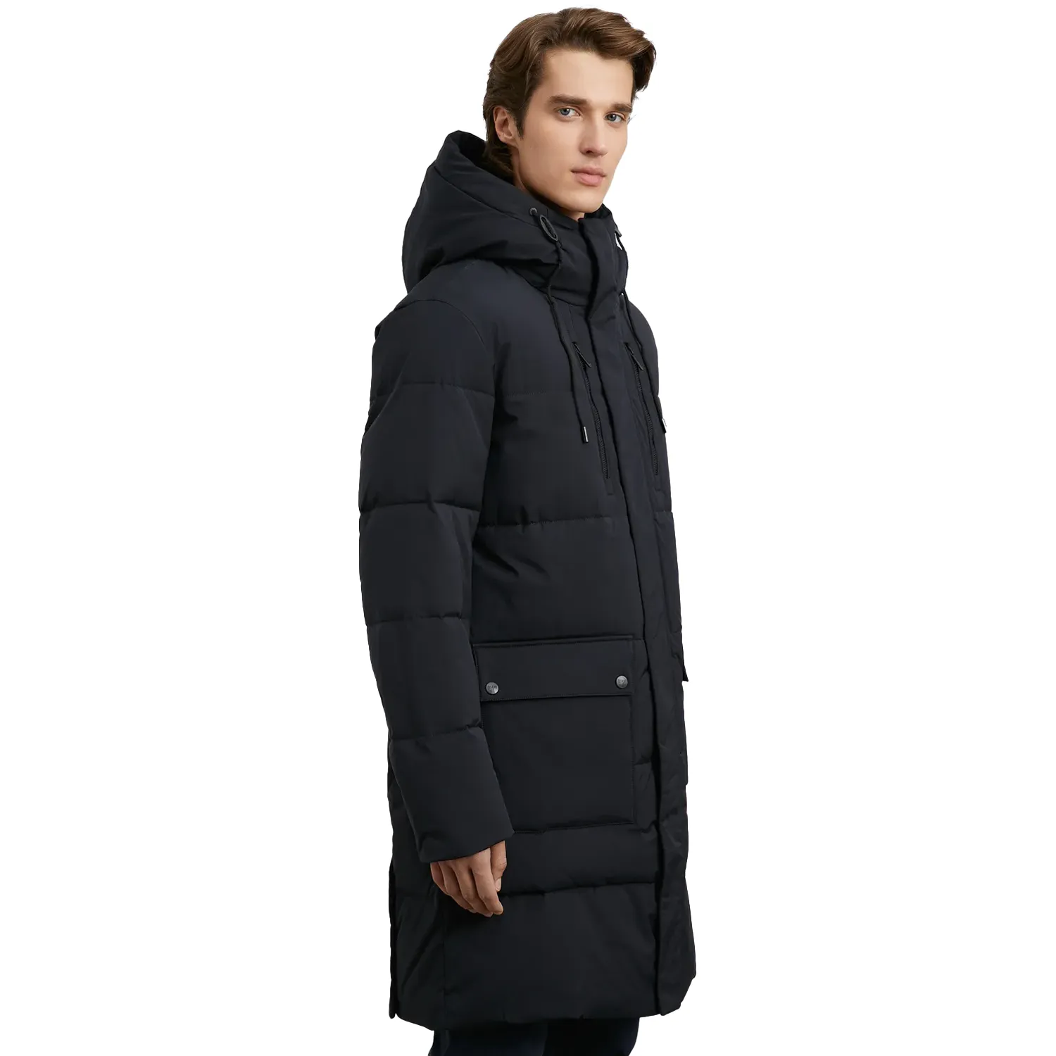 Men's Black Long Puffer Hooded Coat - Image 3
