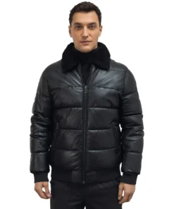 Black Puffer Jacket With Black Fur Collar For Mens
