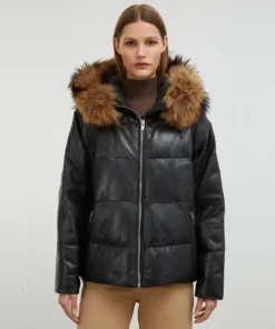 Black Puffer Jacket With Brown Fur Hood