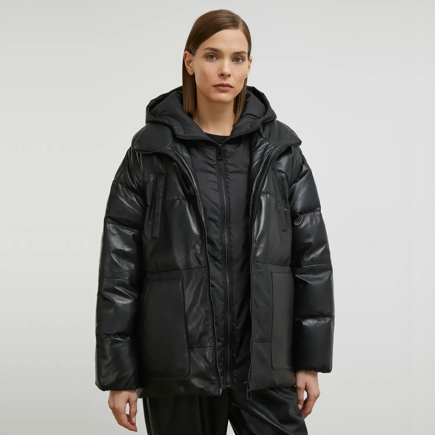 Black Longline Puffer Jacket With Hood - Image 2