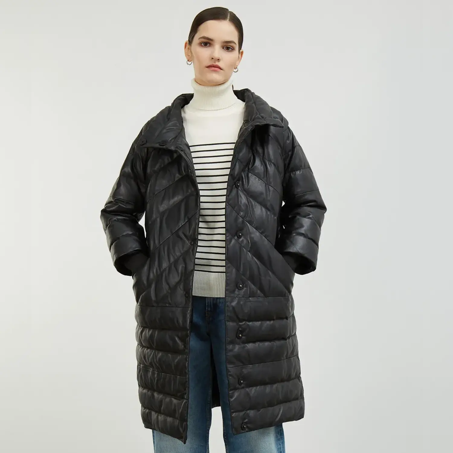 Black Quilted Coats With Double Stand Collar - Image 3