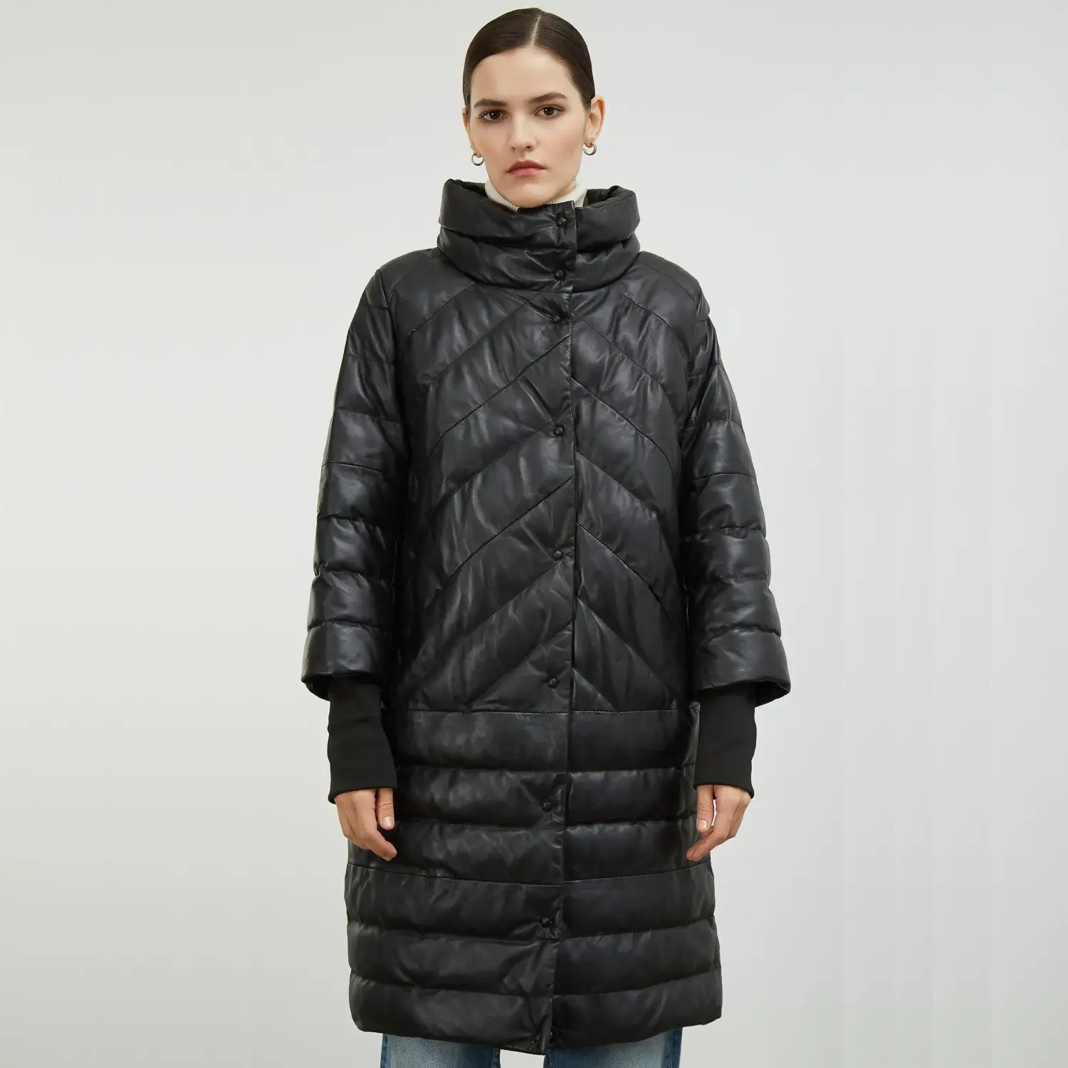 Black Quilted Coats With Double Stand Collar
