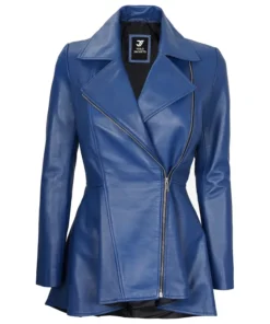 Womens Blue Leather Peplum Jacket