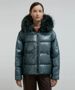 Blue Puffer Jacket With Brown Faux Fur Hood