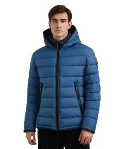 Blue Puffer Jacket With Hood For Mens