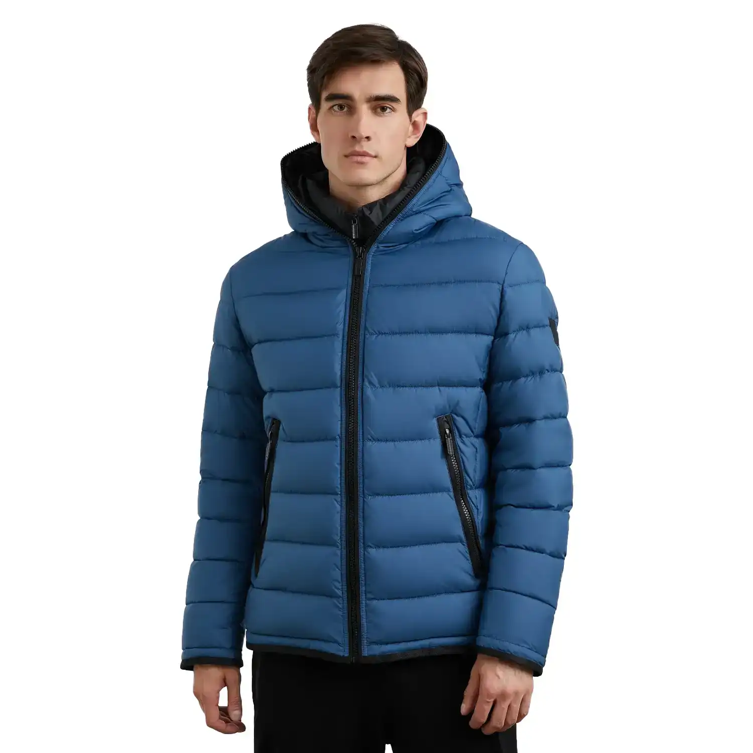 Blue Puffer Jacket With Hood For Mens
