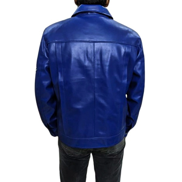 Blue Leather Trucker Jacket For Mens - Image 2