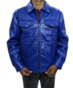 Blue Leather Trucker Jacket For Mens