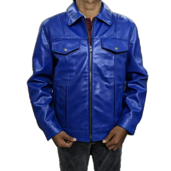Blue Leather Trucker Jacket For Mens