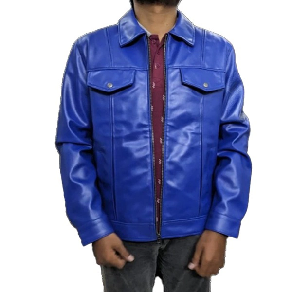 Blue Leather Trucker Jacket For Mens - Image 4