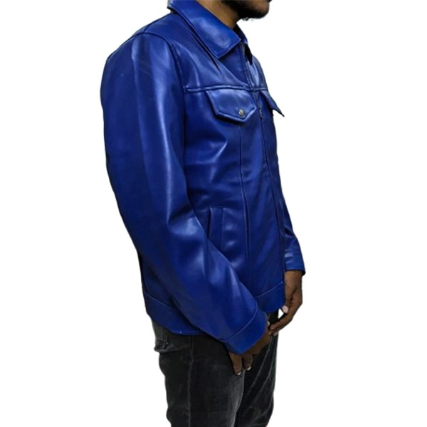 Blue Leather Trucker Jacket For Mens - Image 3