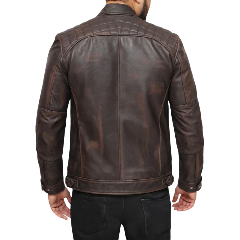 Distressed Brown Cafe Racer Leather Jacket For Mens - Image 2
