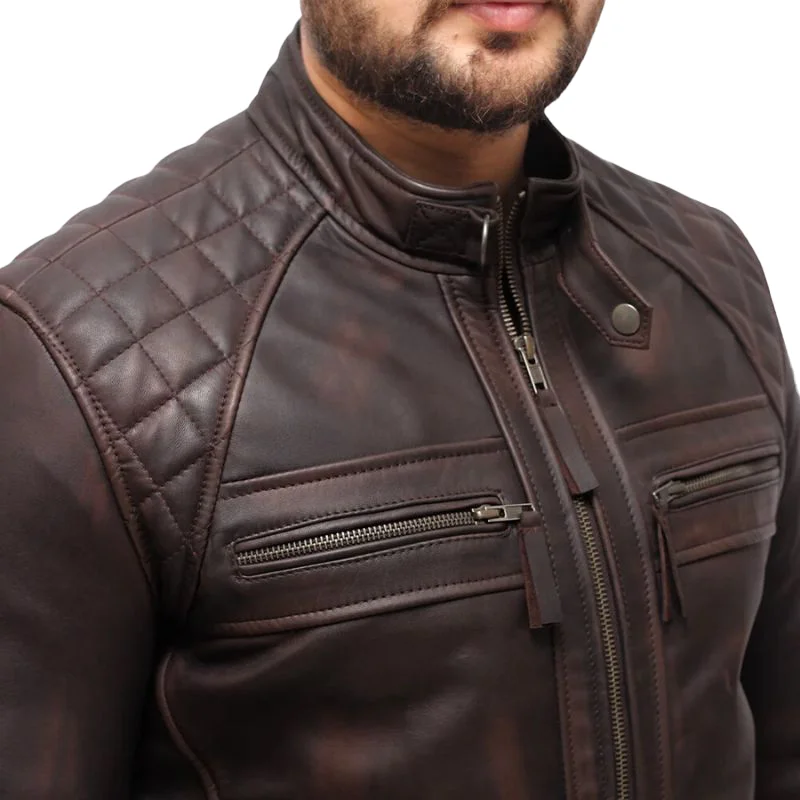 Distressed Brown Cafe Racer Leather Jacket For Mens - Image 5