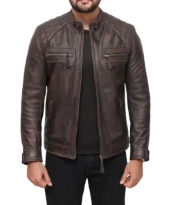 Distressed Brown Cafe Racer Leather Jacket For Mens