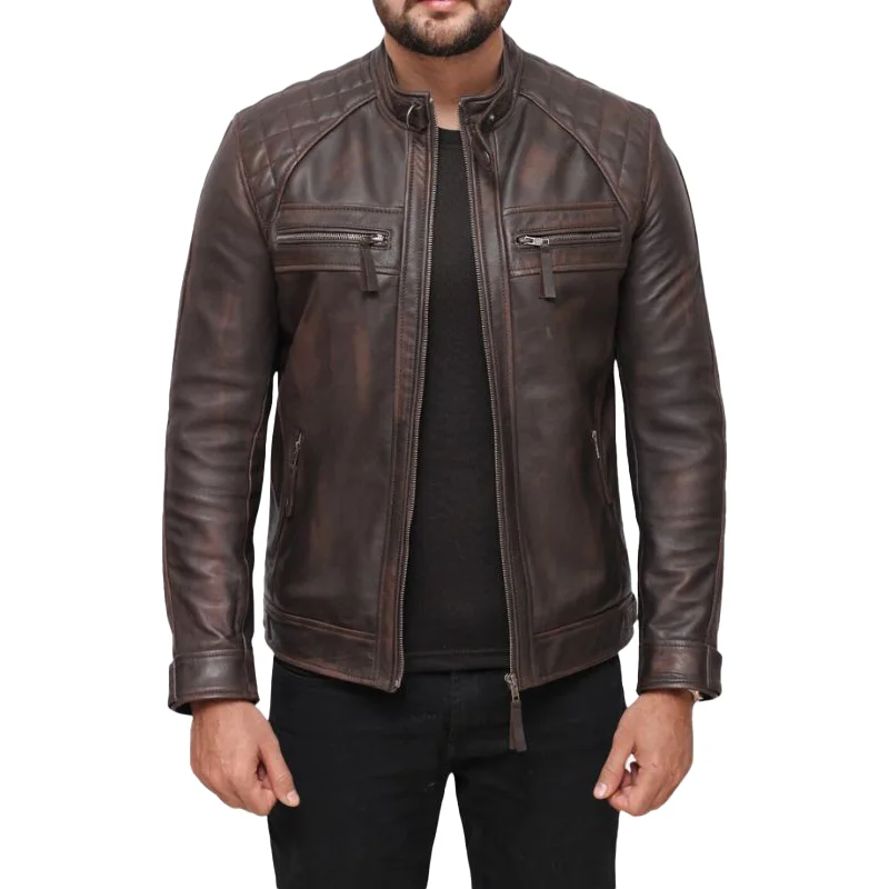 Distressed Brown Cafe Racer Leather Jacket For Mens