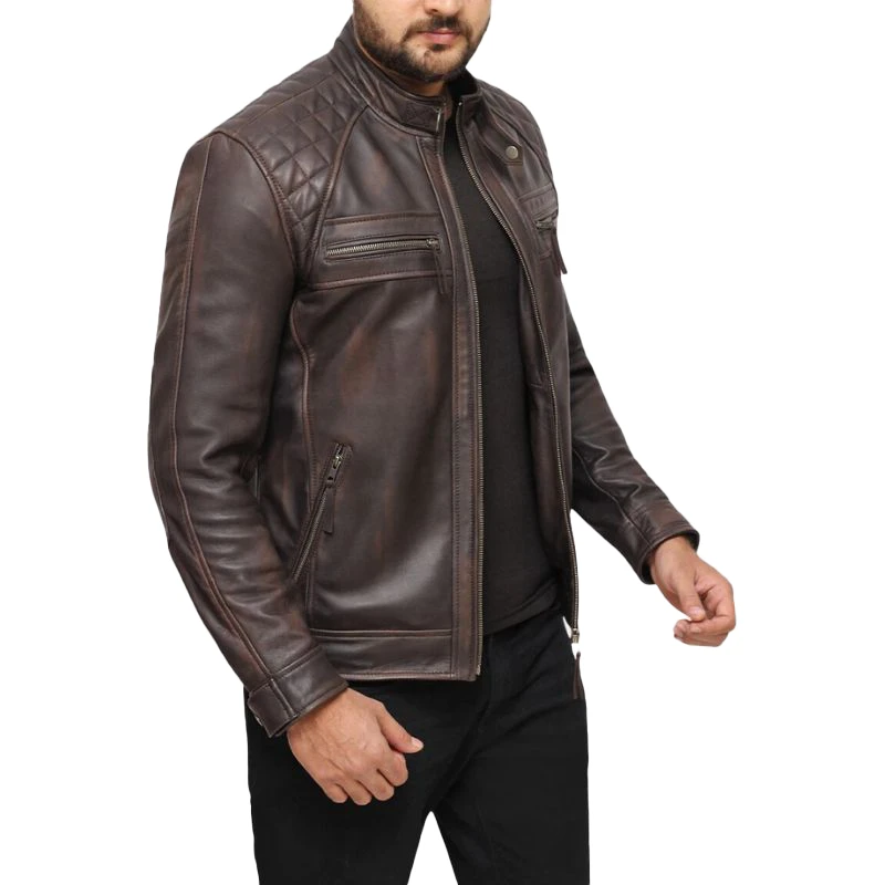 Distressed Brown Cafe Racer Leather Jacket For Mens - Image 3
