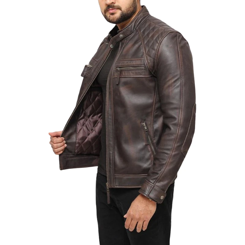 Distressed Brown Cafe Racer Leather Jacket For Mens - Image 4