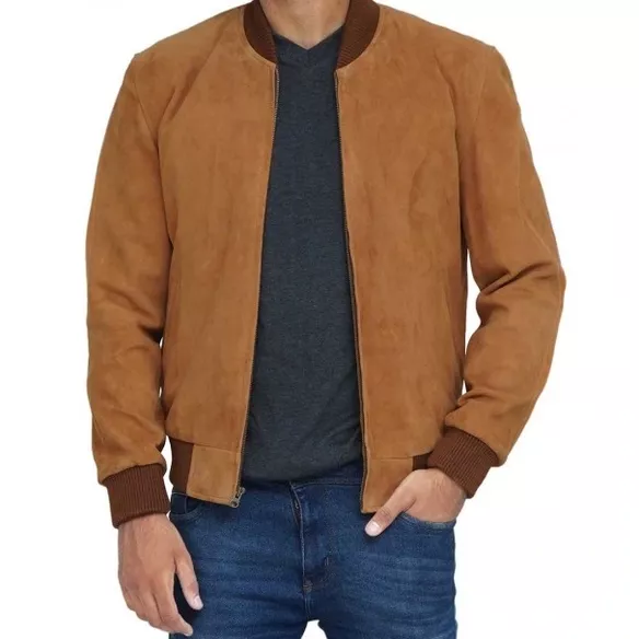 Men's Brown Suede Bomber Jacket - Image 3