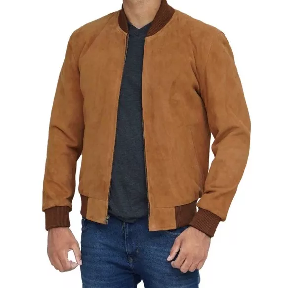 Men's Brown Suede Bomber Jacket - Image 4