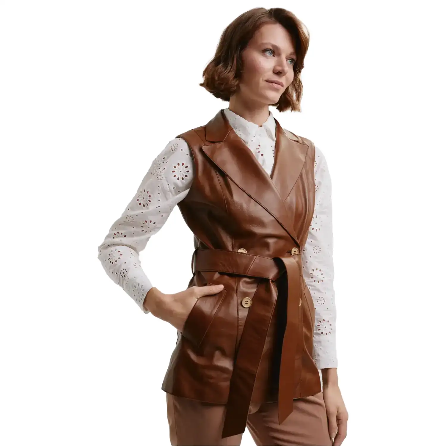 Brown Leather Vest For Womens - Image 3