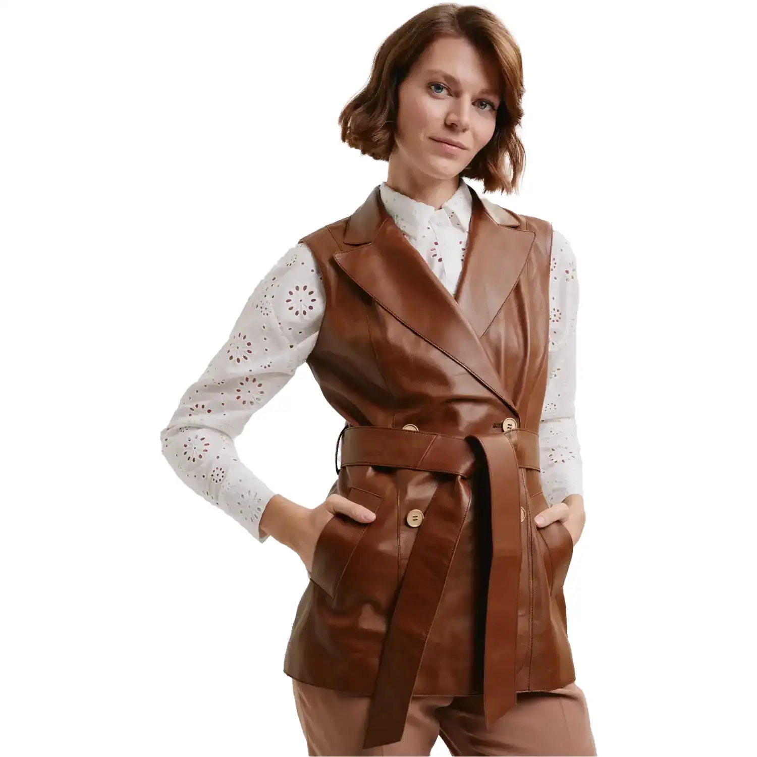 Brown Leather Vest For Womens - Image 4