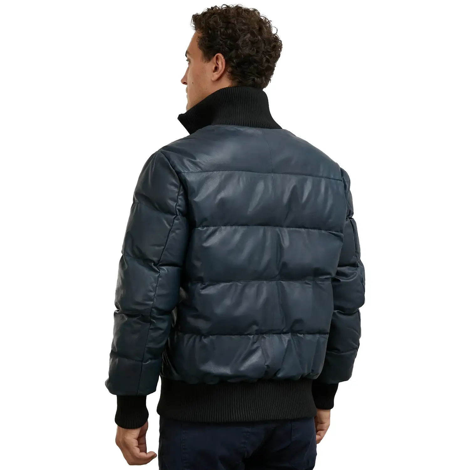 Men's Dark Blue Leather Puffer Jacket - Image 2