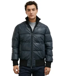 Men's Dark Blue Leather Puffer Jacket