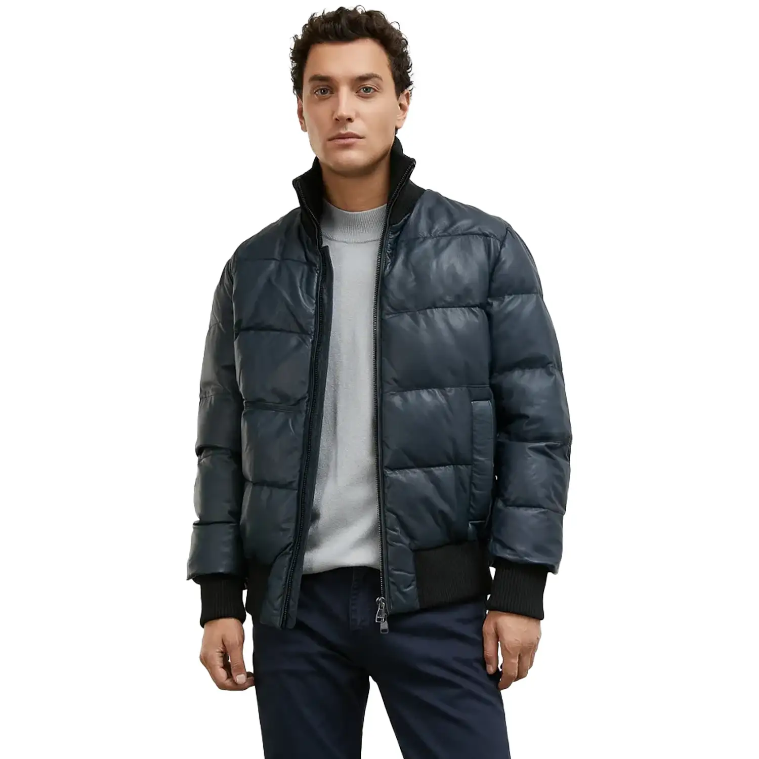 Men's Dark Blue Leather Puffer Jacket - Image 4