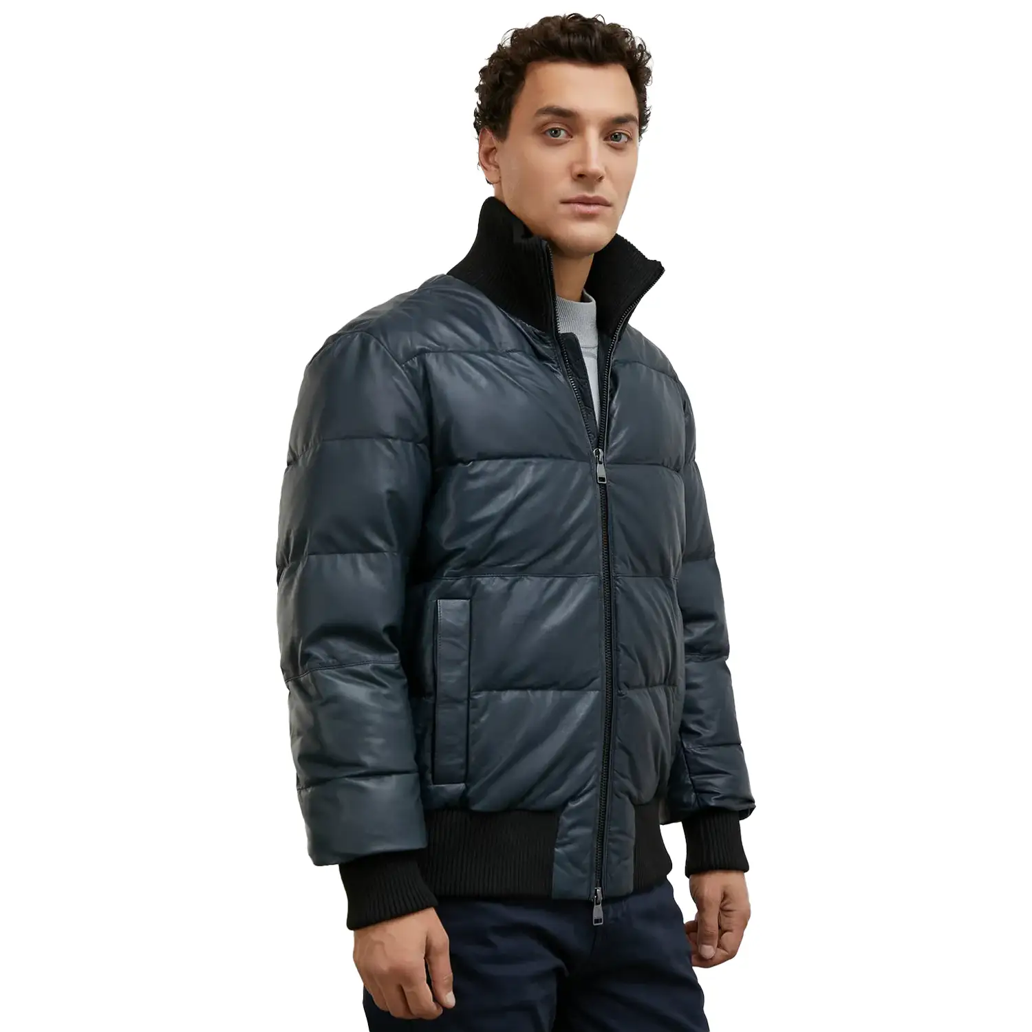 Men's Dark Blue Leather Puffer Jacket - Image 3
