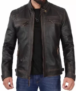 Men's Cafe Racer Distressed Brown Leather Jacket