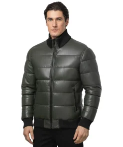 Men's Dark Green Bomber Leather Puffer Jacket